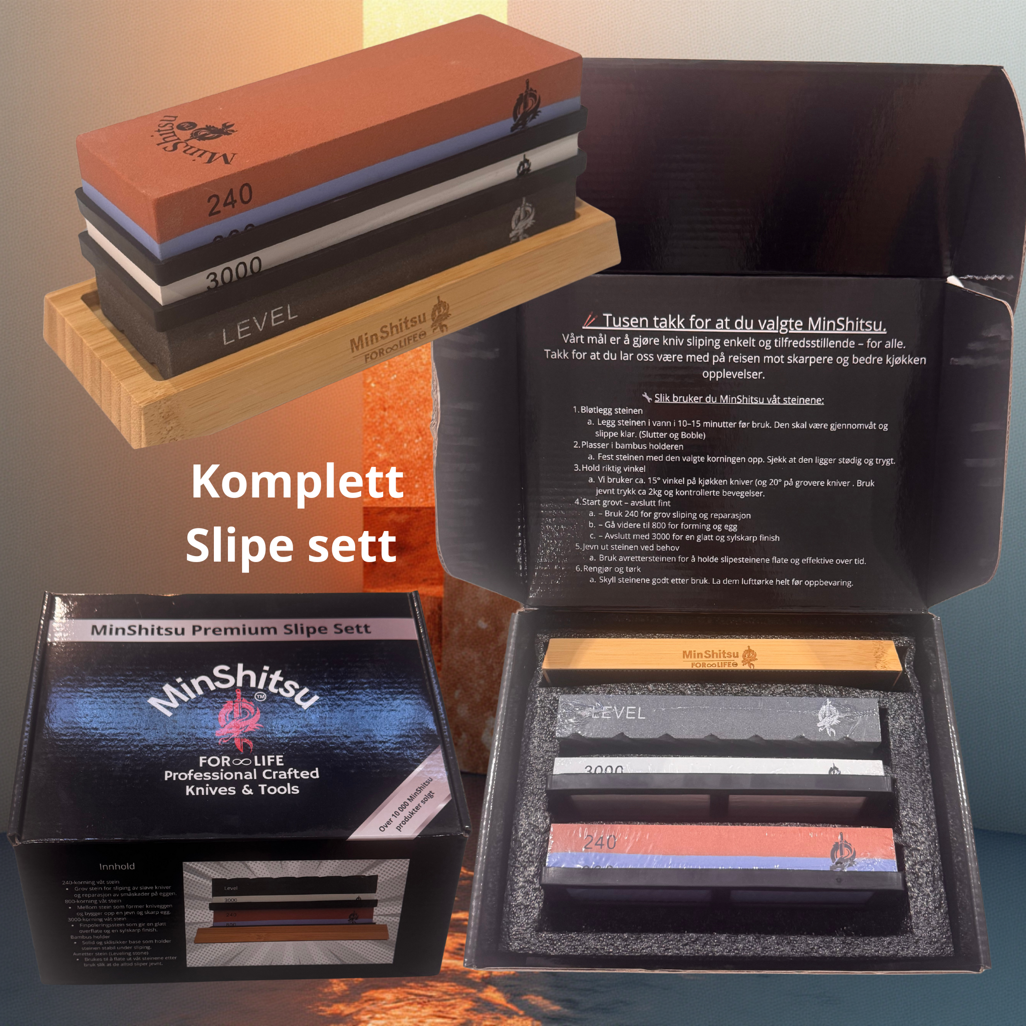 Slipe MinShitsu Premium Slipe Sett – 3 Korninger (240/800/3000) + Level og B