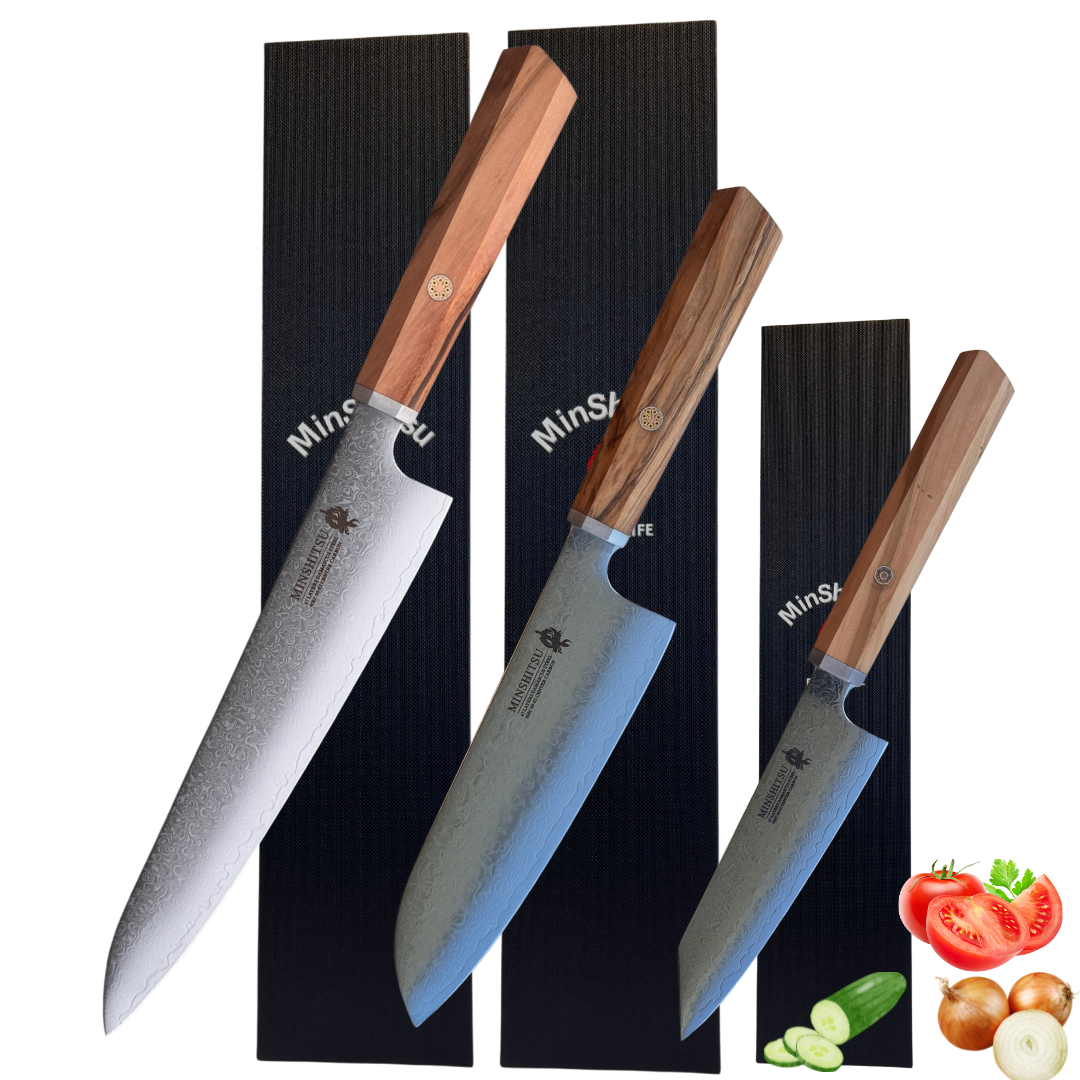 MinShitsu Premium Green Forrest 3 kniver sett Kokke Kniv, Santoku og forbruks kniv