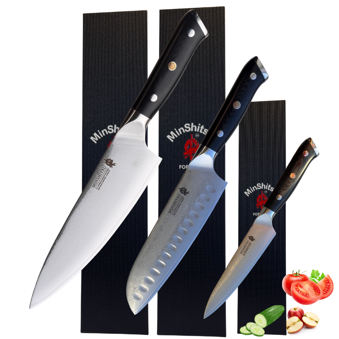 MinShitsu Premium Black Sand Knivsett - 3 stk Butcher, Kokke kniv og Forbruks kniv
